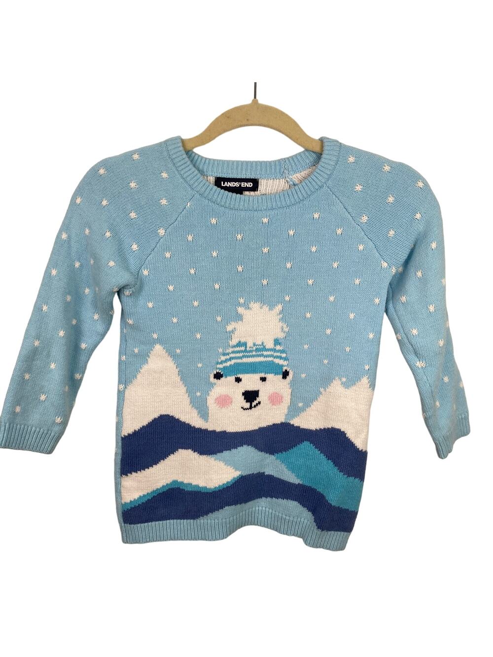Lands End Kids 5-6 Blue Polar Bear Novelty Graphic Knit Sweater Winter Holiday